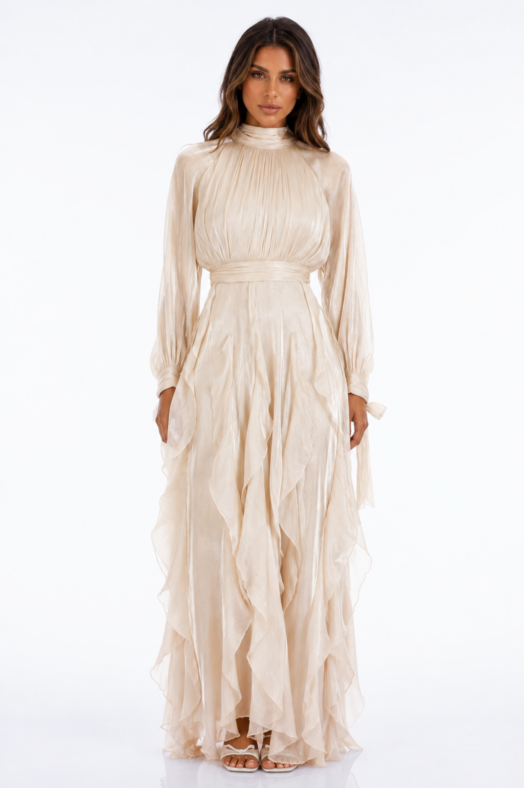 ATISSE ZÉLIE – Women's Pleated Ruffle Maxi Dress – Neutral High Neck Long Sleeve Evening Dress