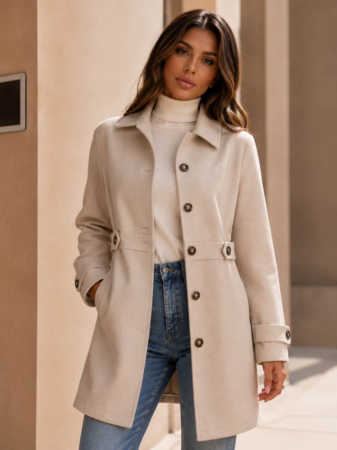 ATISSE – Women's Mid Length Trench Coat – Tailored Button Front Lightweight Jacket