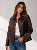 ATISSE VIVIENNE – Women's Brown Faux Leather Jacket – Zip Front Collared Short Jacket
