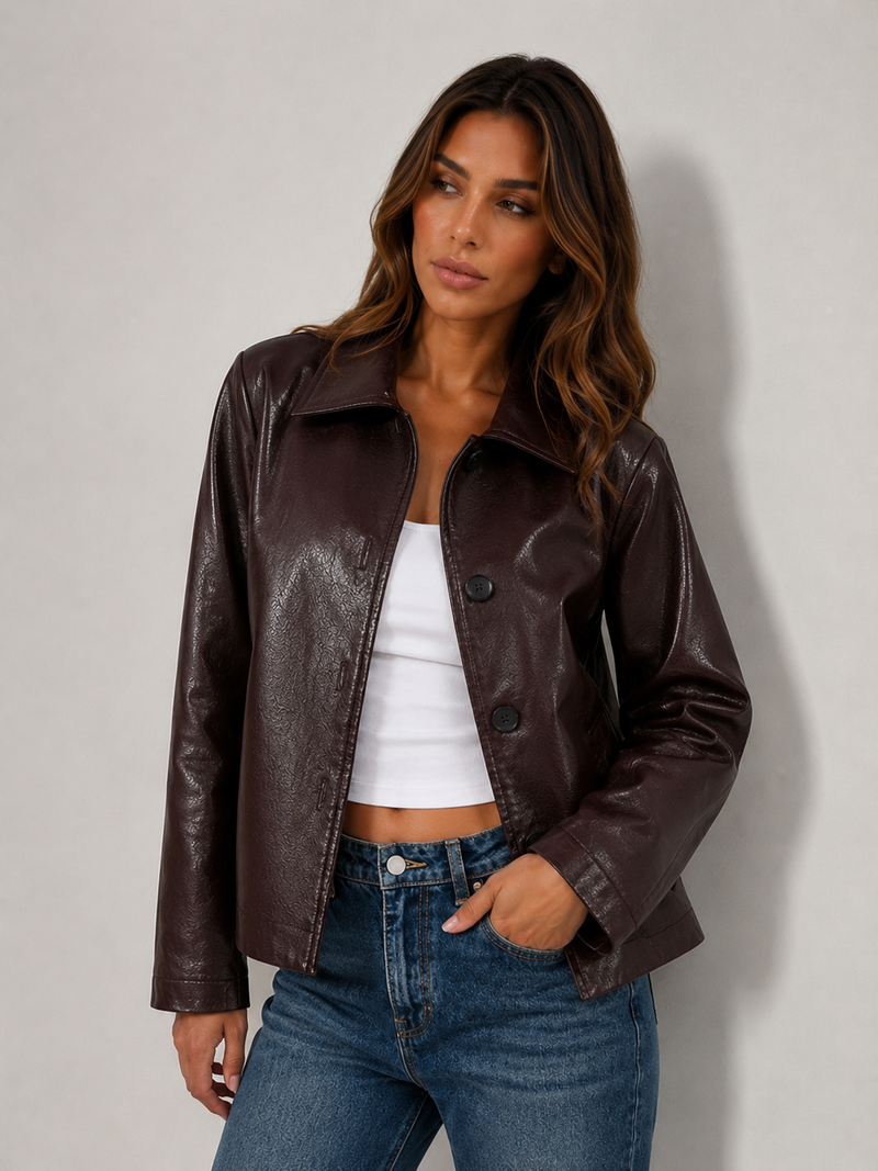ATISSE VIVIENNE – Women's Brown Faux Leather Jacket – Zip Front Collared Short Jacket