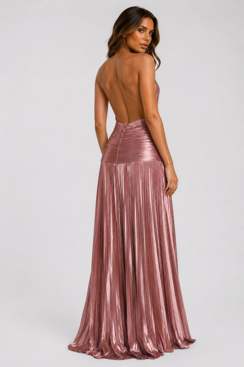 ATISSE ALCHIMIE – Vestido maxi plisado satinado con escote halter y espalda al aire para mujer – Rosa empolvado