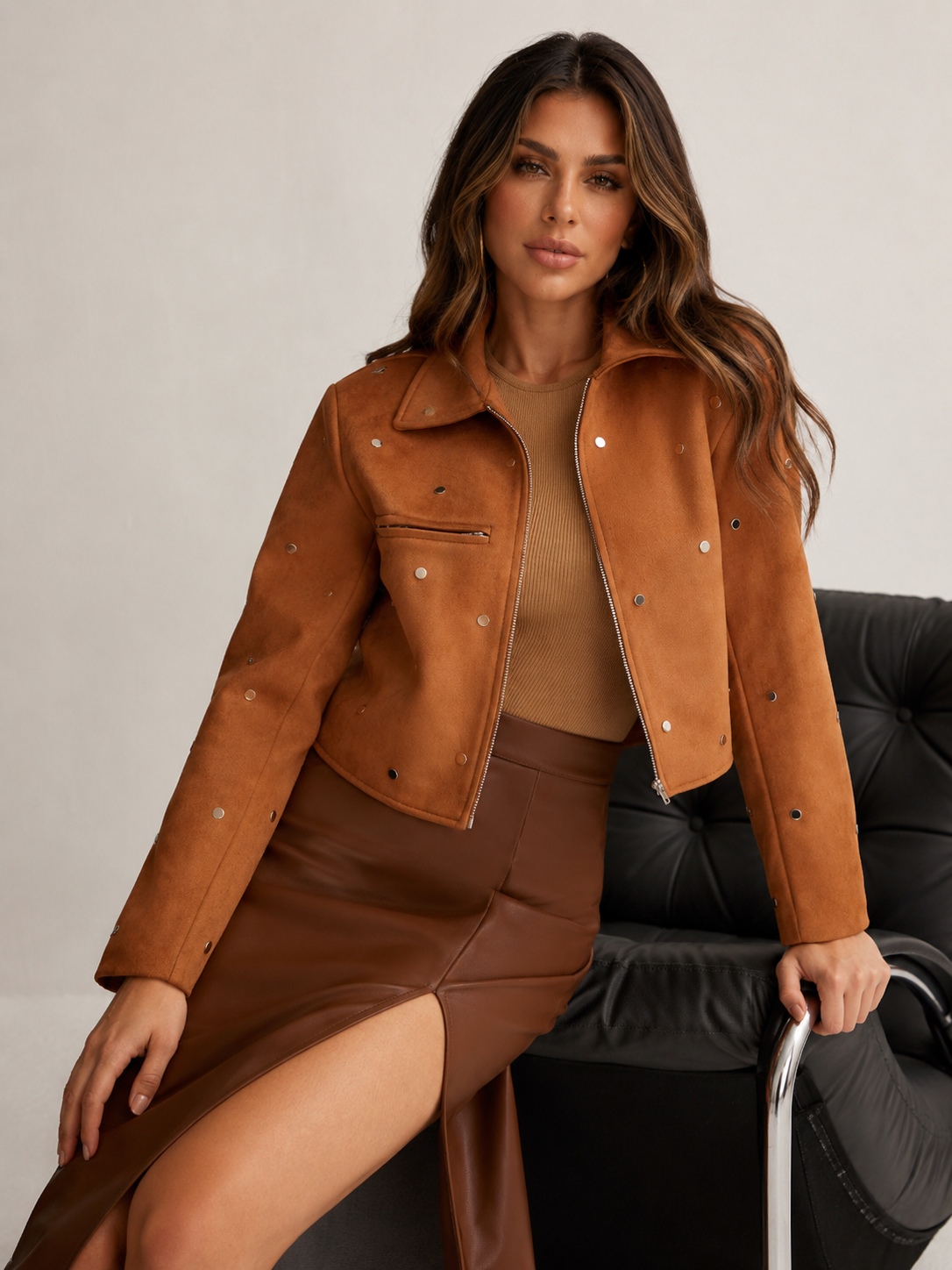 ATISSE – Women's Studded Brown Jacket – Zip Front Embellished Long Sleeve Statement Jacket