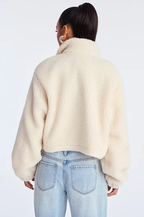 ATISSE – Women’s Cream Teddy Jacket – Faux Shearling High Neck Winter Coat
