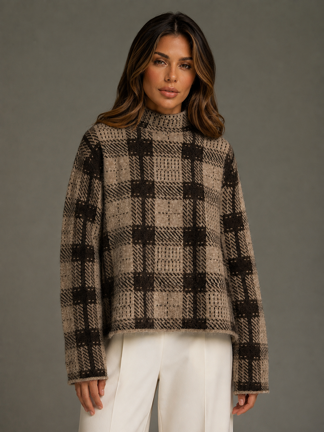 ATISSE – Women's Wool Blend Plaid Turtleneck Sweater – Checked Long Sleeve Winter Knit Pullover