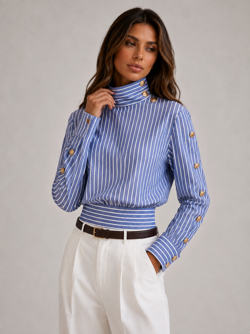 ATISSE – Women's Striped Cotton Linen Cropped Blouse – High Neck Long Sleeve Shirt
