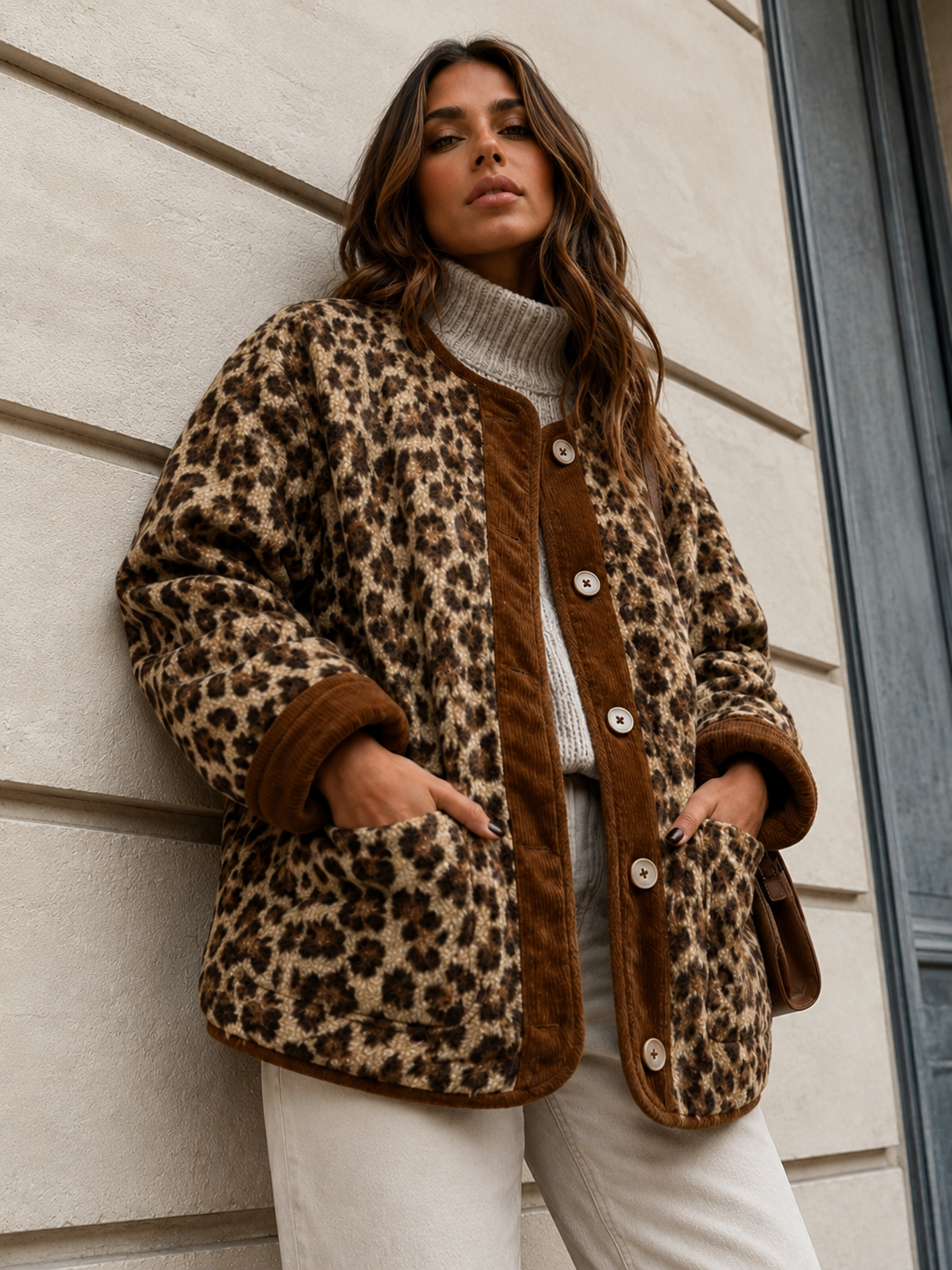 ATISSE LEONA – Women's Leopard Print Jacket – Warm Faux Fur Contrast Trim Statement Coat