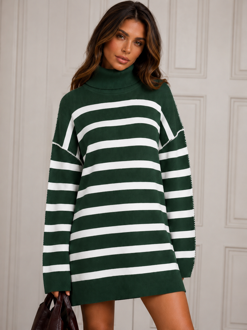 ATISSE – Women's Striped Turtleneck Sweater Dress – Long Sleeve Knit Mini Dress – Winter Jumper Dress