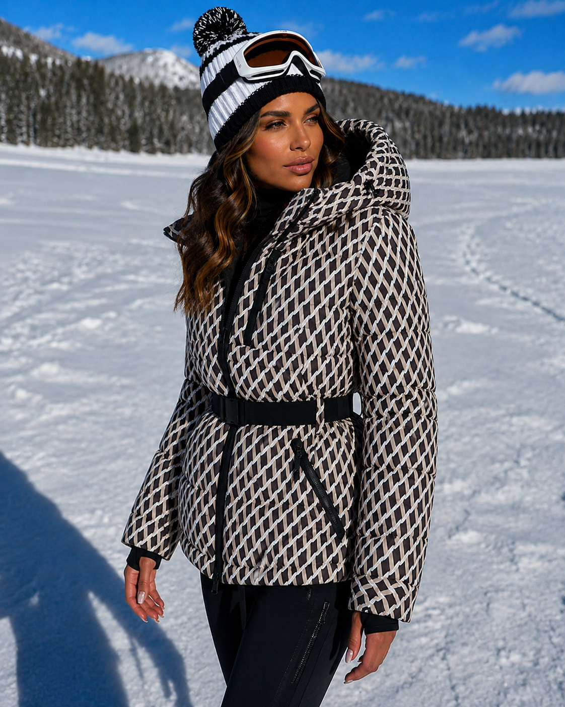ATISSE ÉLODIE – Women's Belted Hooded Puffer Jacket – Geometric Print Winter Parka Coat