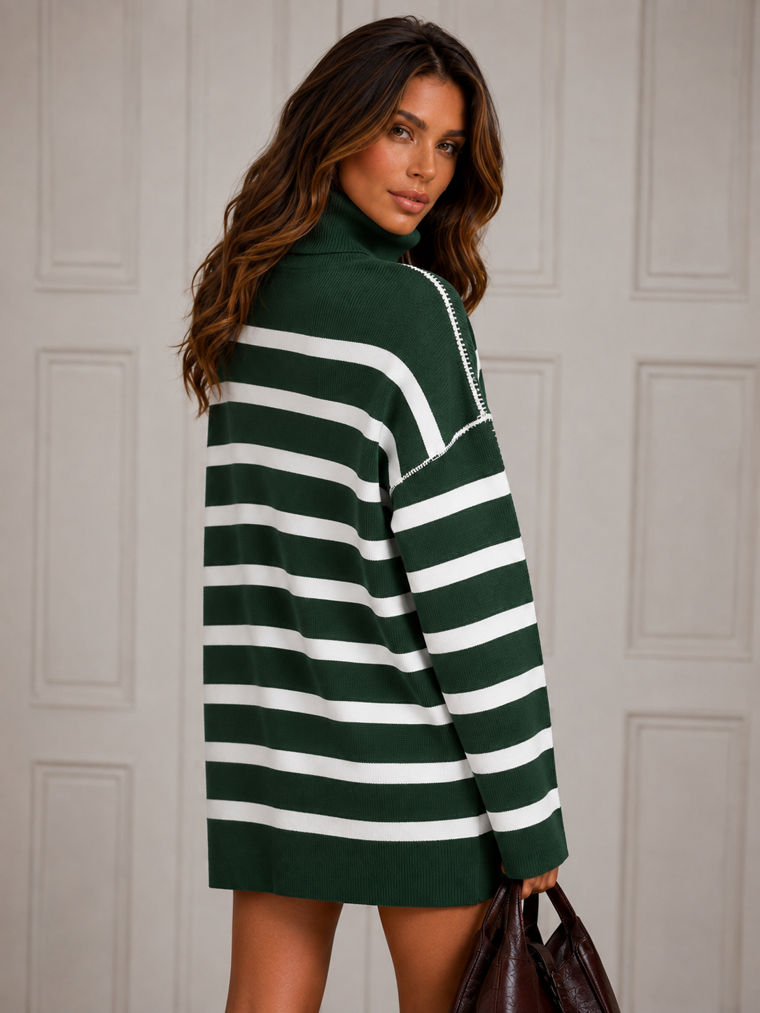 ATISSE – Women's Striped Turtleneck Sweater Dress – Long Sleeve Knit Mini Dress – Winter Jumper Dress