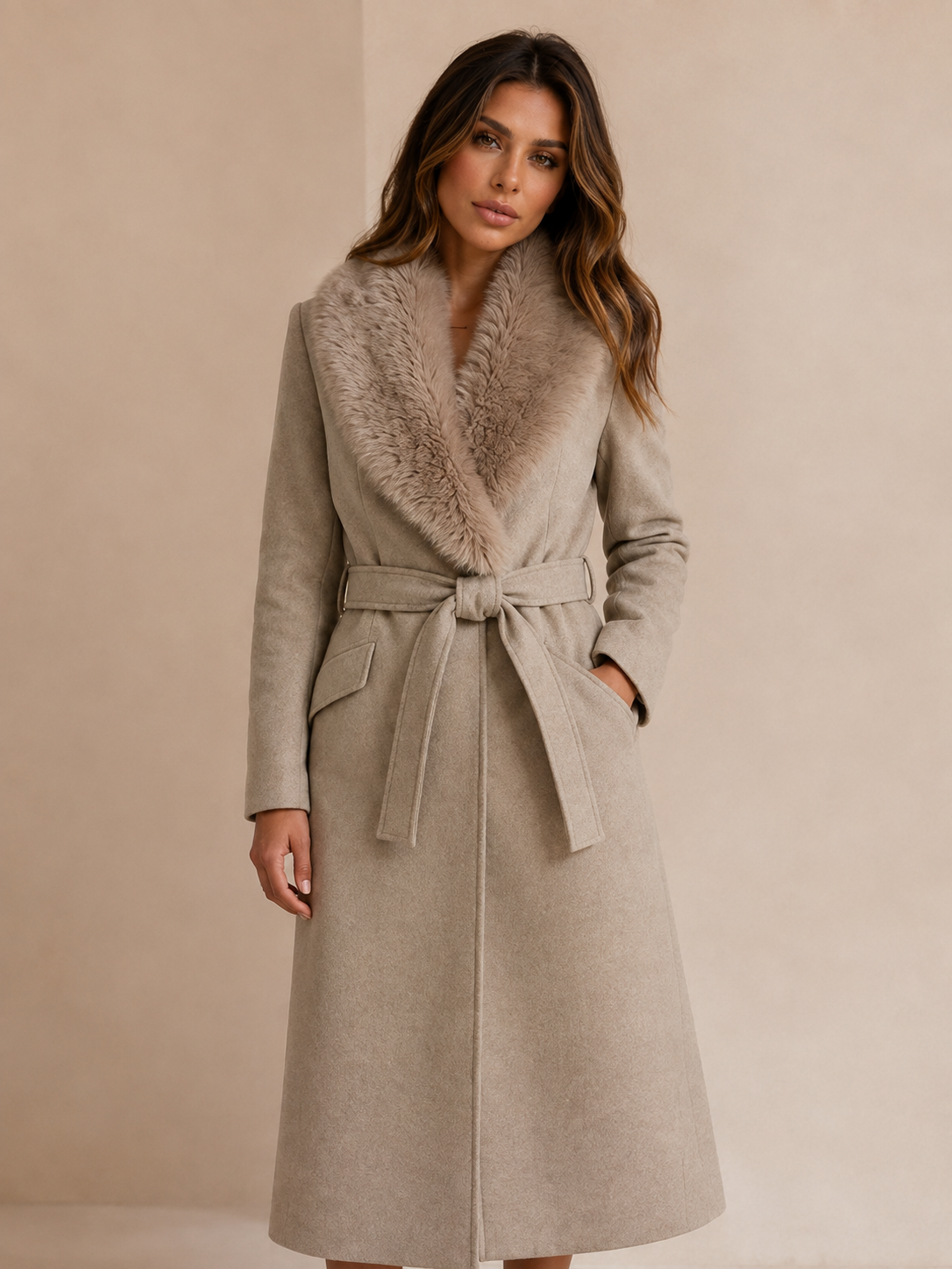 ATISSE – Women's Longline Belted Parka Coat – Faux Fur Collar Winter Wrap Coat