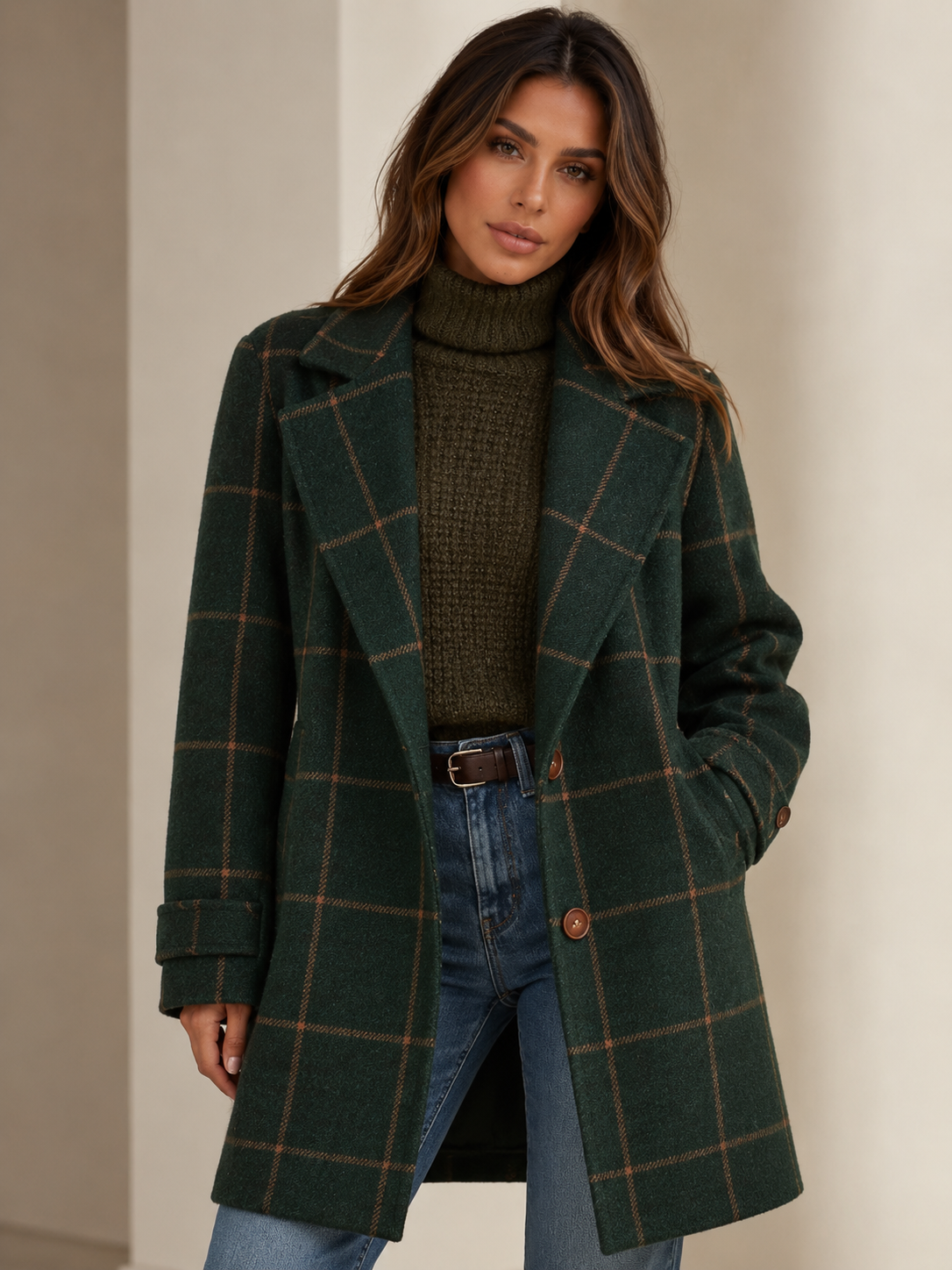 ATISSE – Women's Long Oversized Coat – Notch Lapel Tailored Winter Overcoat – Plaid Outerwear
