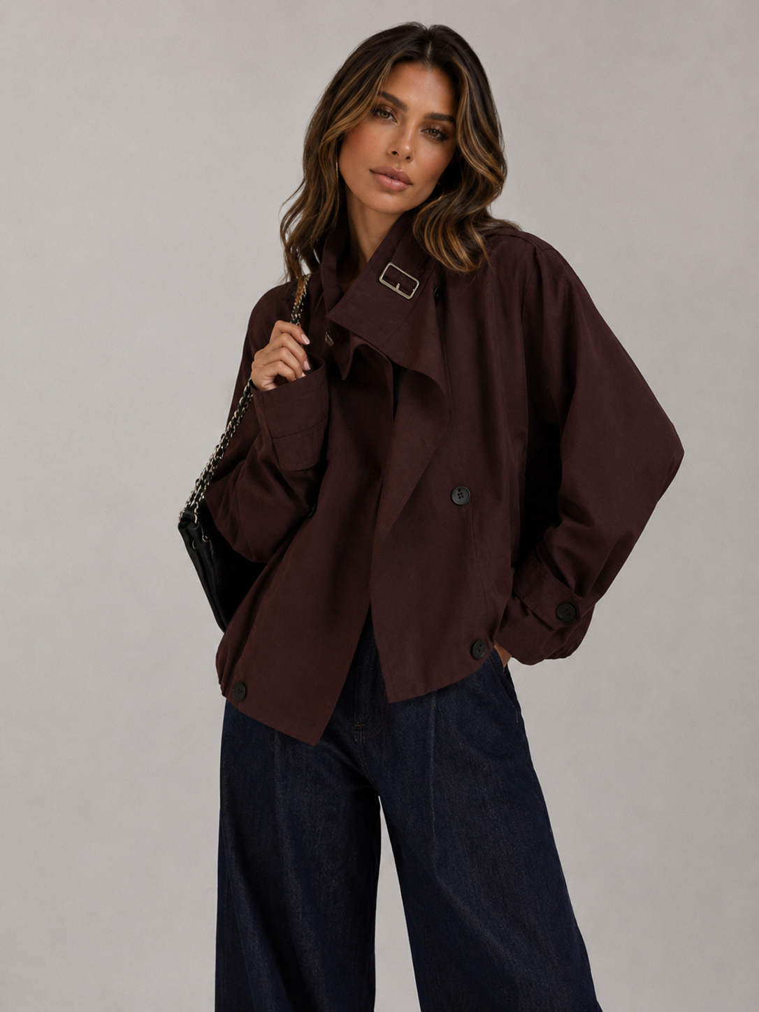 ATISSE – Women's Oversized Vintage Trench Coat – Relaxed Fit Brown Long Sleeve Autumn Outerwear Jacket