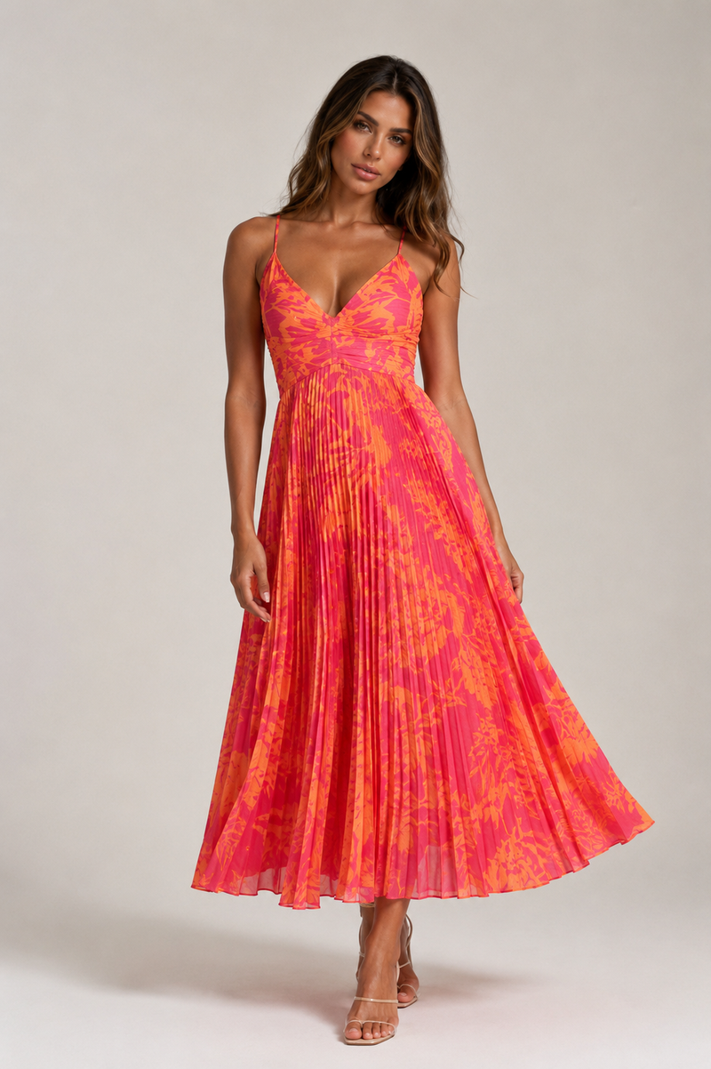 ATISSE BLYTHE – Vestido midi floral de mujer – Vestido de verano plisado con espalda abierta
