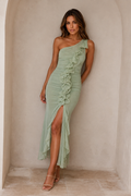ATISSE CLARENCE ICON – Vestido maxi asimétrico para mujer – Elegante vestido verde salvia de ocasión