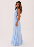 ATISSE AULLIE – Damen Maxikleid mit Neckholder – Puderblaues Spitzenabendkleid