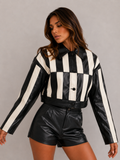 ATISSE – Women's Black & White Striped Jacket – Long Sleeve Collared Statement Coat