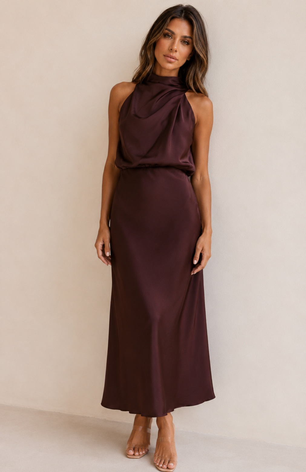 ATISSE ESTHER – Maxikleid für Damen mit Neckholder – Schokobraun