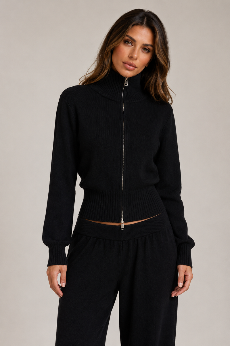 ATISSE – Women's Knit Zip Jacket – Black Ribbed Cardigan