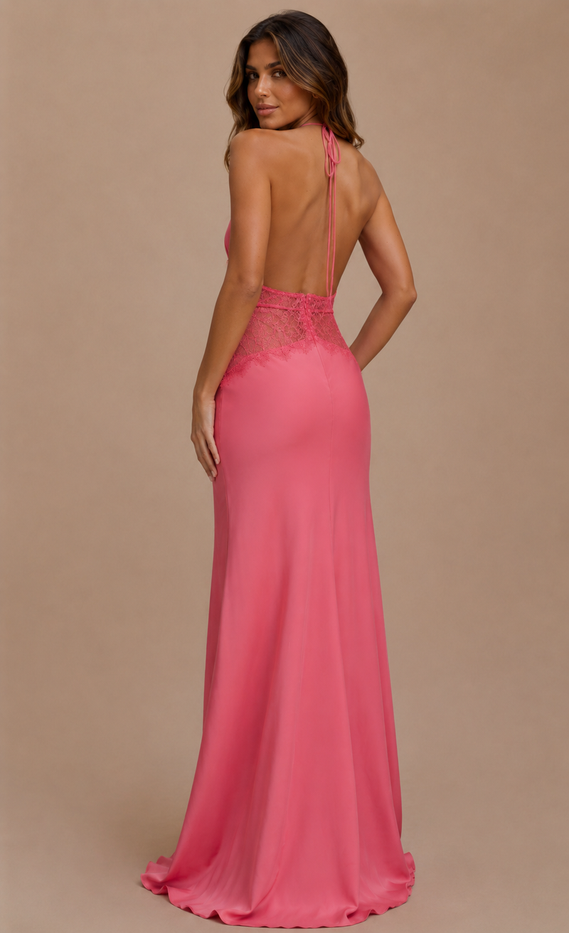 ATISSE DINAH – Damen Maxikleid aus Satin und Spitze mit Neckholder und offener Rückenpartie – Puderrosa