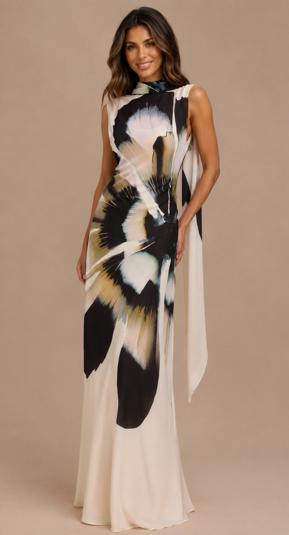 ATISSE DAKOTA – Maxikleid aus geblümtem Chiffon mit abnehmbarem Foulard für Damen – Elfenbein