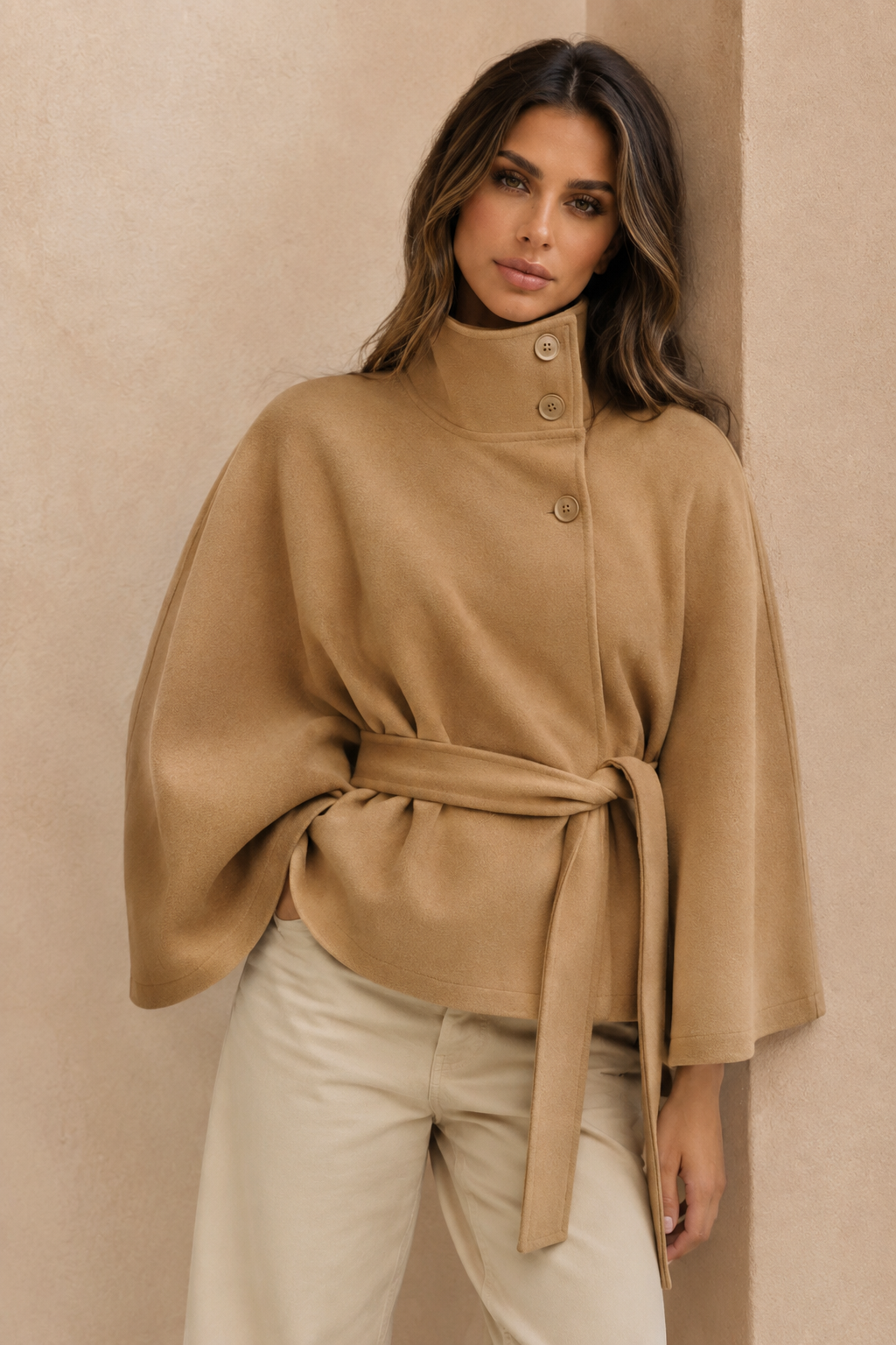 ATISSE – Women's Belted Cape Coat – High Neck Wool Blend Winter Poncho Jacket