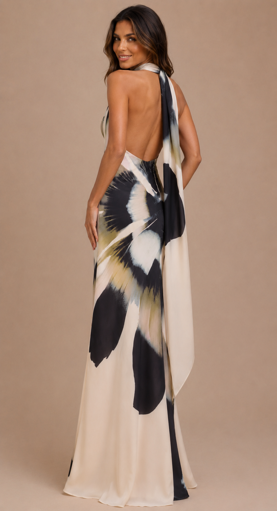 ATISSE DAKOTA – Vestido maxi de gasa floral con pañuelo desmontable para mujer – Marfil