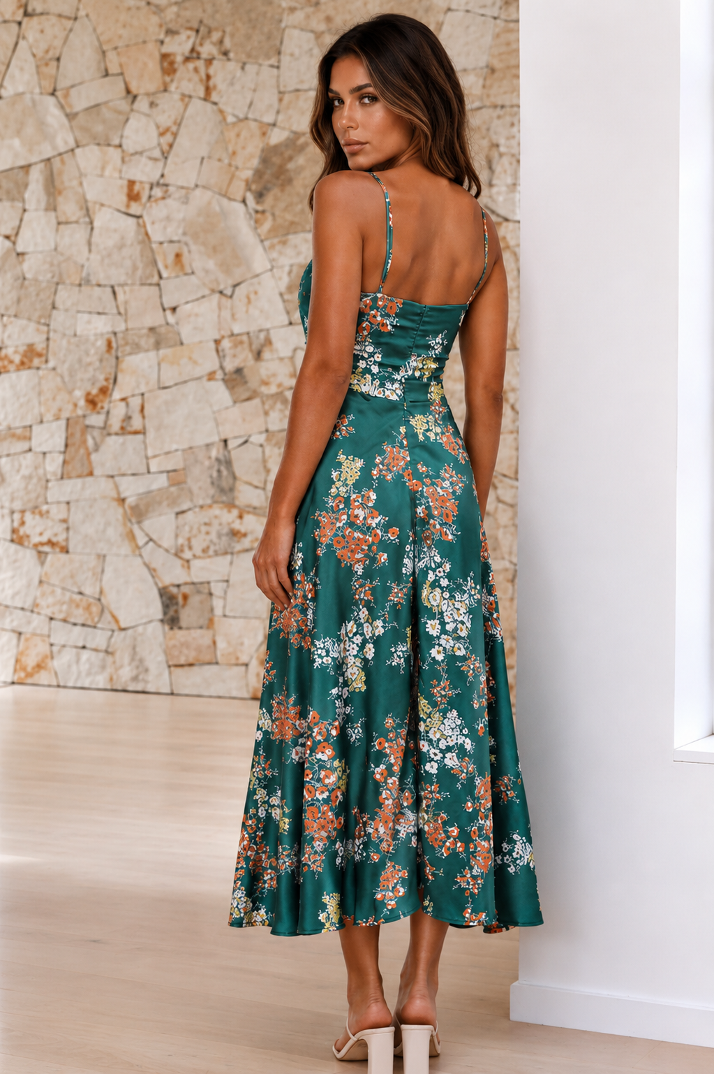 ATISSE DREAMERS – Vestido midi floral de mujer con escote en V y tirantes ajustables – Verde