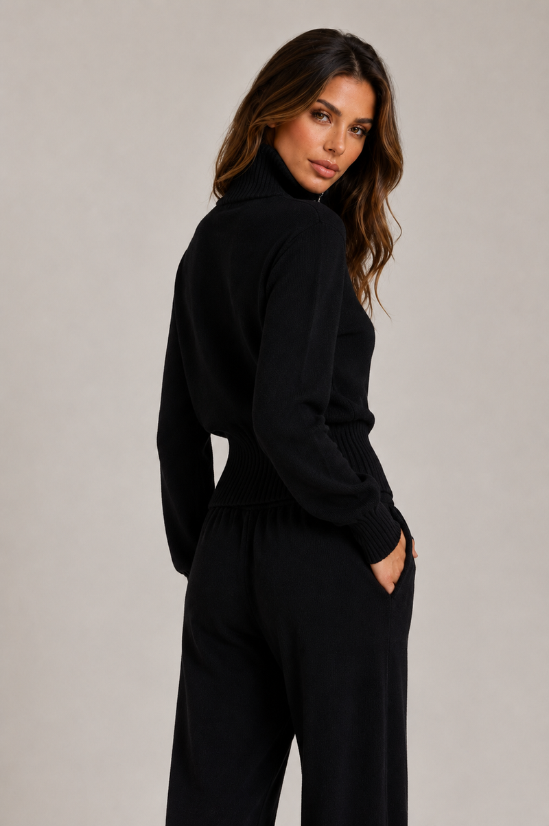 ATISSE – Women's Knit Zip Jacket – Black Ribbed Cardigan