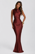 ATISSE AVIELLE – Satin Maxikleid für Damen – Abendkleid in dunklem Rostrot