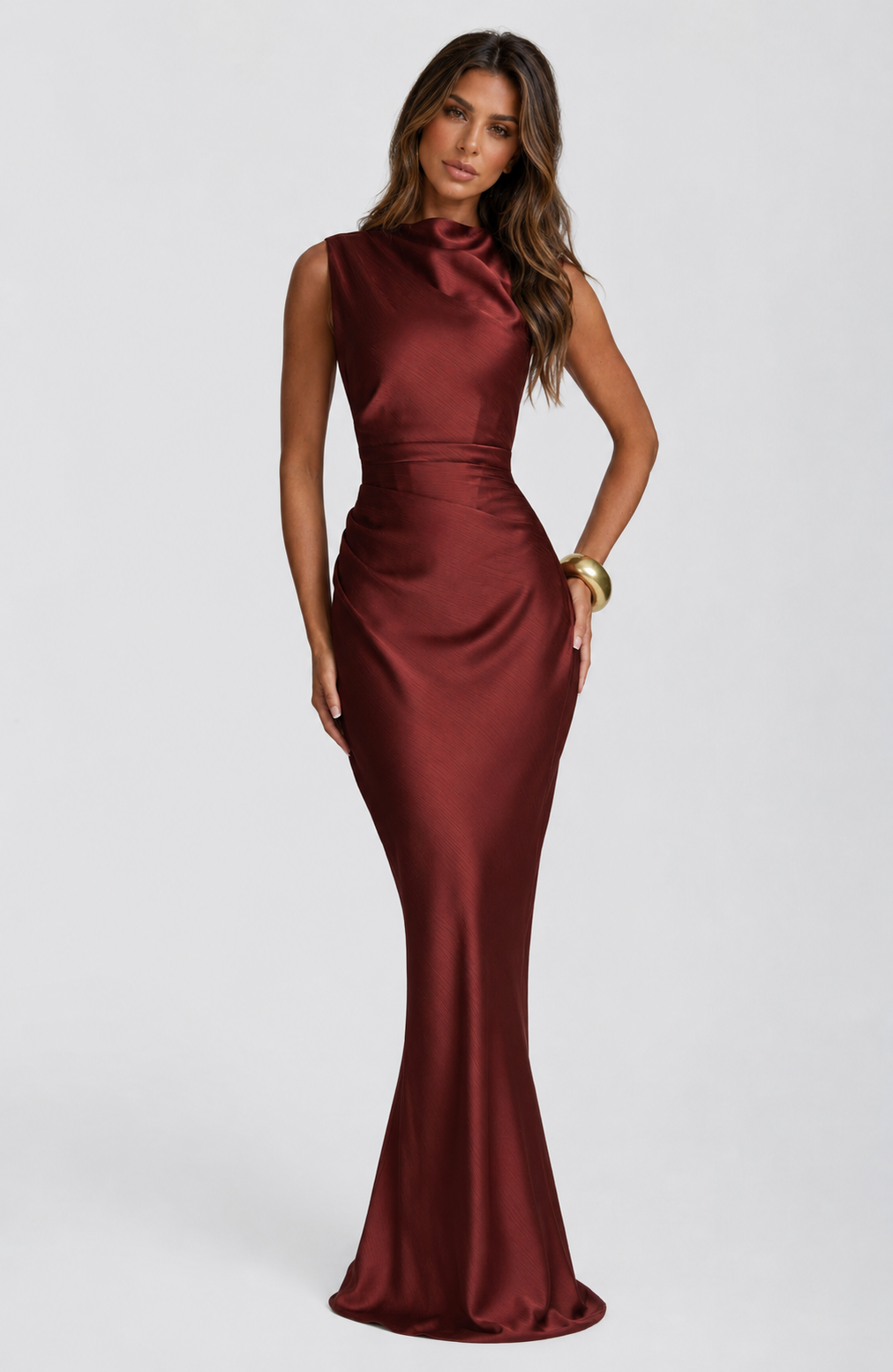 ATISSE AVIELLE – Satin Maxikleid für Damen – Abendkleid in dunklem Rostrot