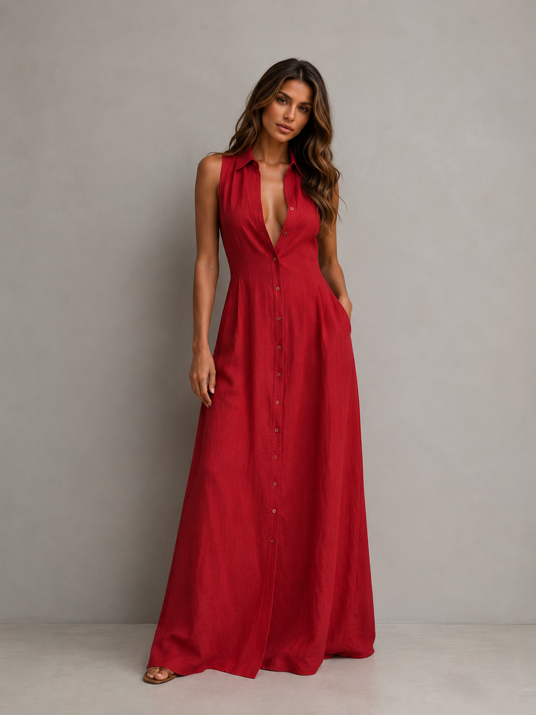 ATISSE LINEN ICON – Ärmelloses Maxi-Leinenhemdblusenkleid für Damen – Sommerkleid mit Knöpfen