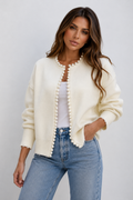 ATISSE PEARL – Women's Pearl Trim Knit Cardigan – Distressed Hem Sweater