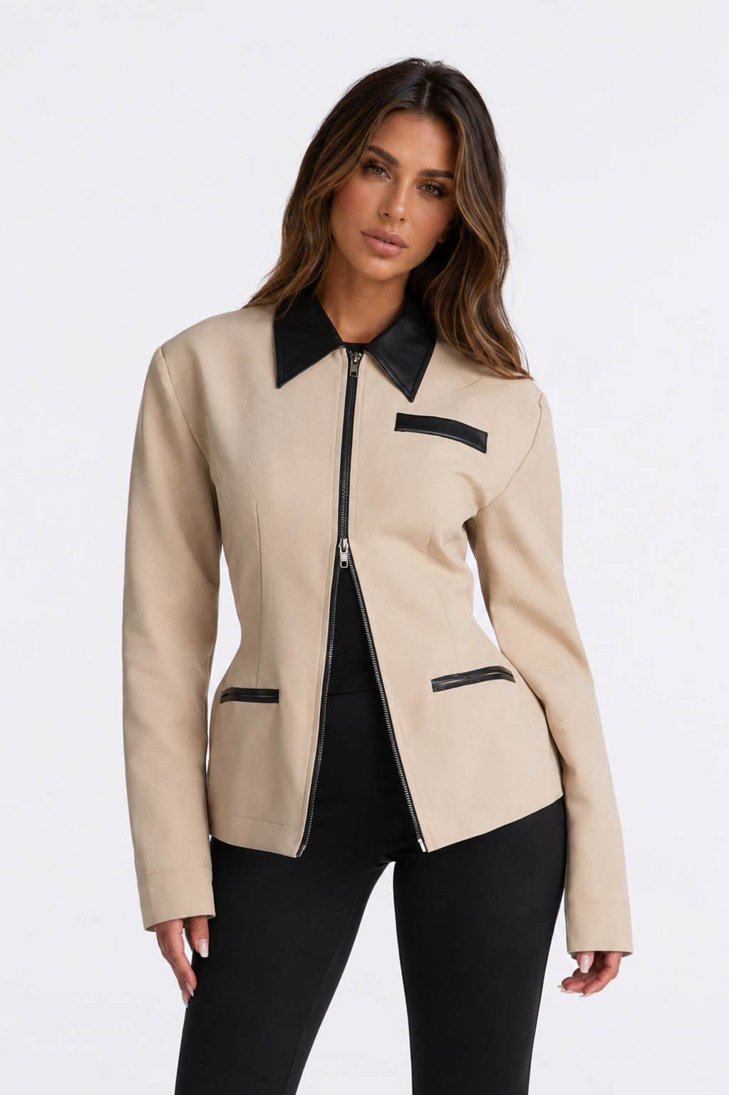 ATISSE – Women's Beige Cropped Jacket – Zip Front Tailored Long Sleeve Jacket