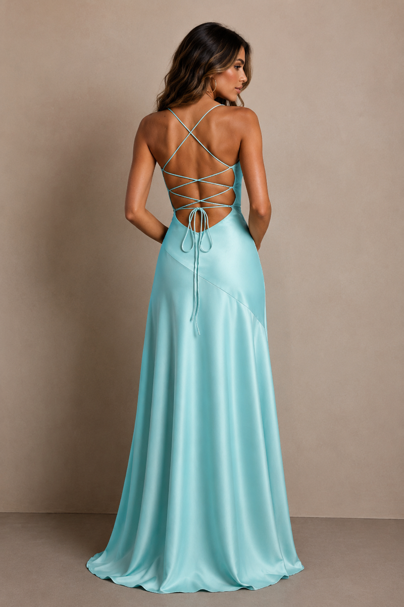 ATISSE SAMIRA ICON – Women's Draped Satin Maxi Dress – Aqua Formal Evening Gown