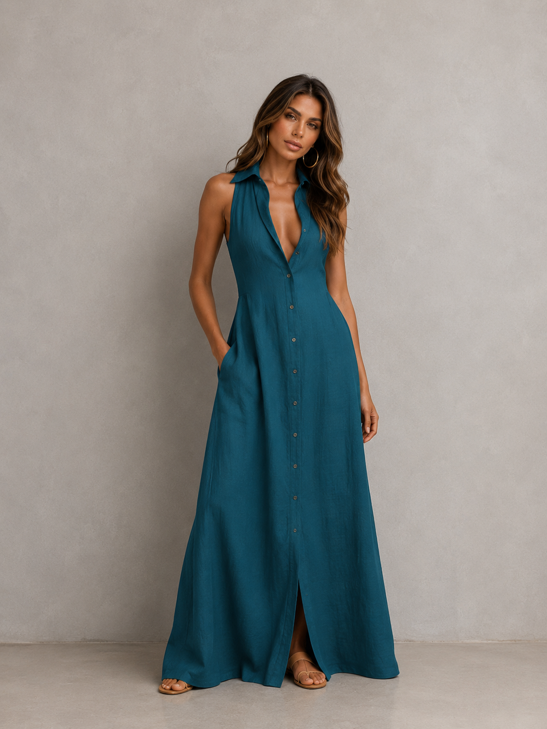 ATISSE LINEN ICON – Ärmelloses Maxi-Leinenhemdblusenkleid für Damen – Sommerkleid mit Knöpfen