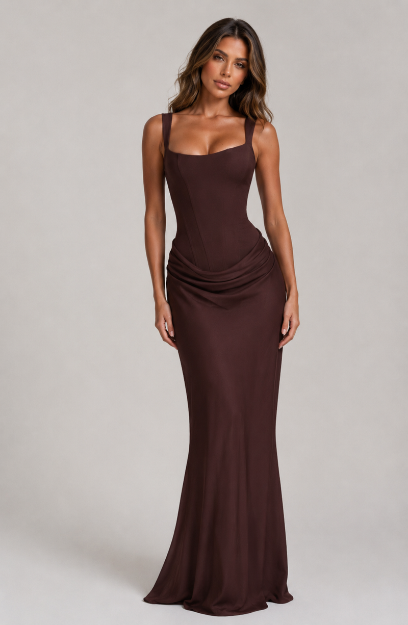 ATISSE CORNELIA – Women's Draped Corset Maxi Dress – Plum Brown Elegant Evening Dress