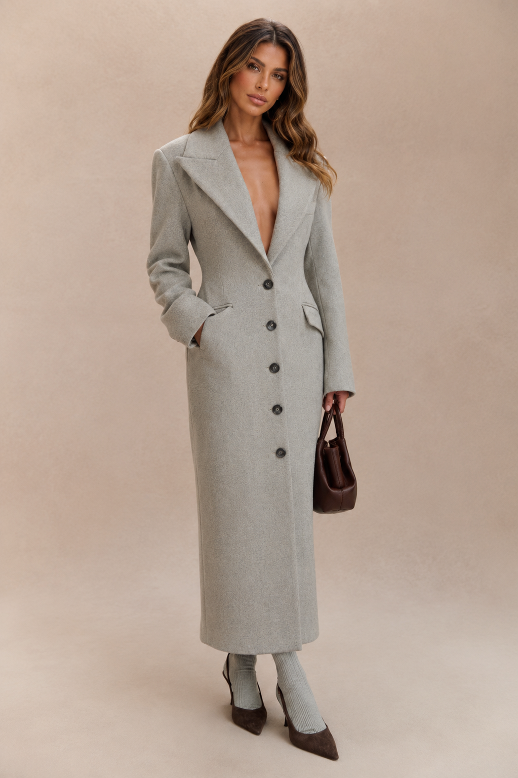 ATISSE URSULA – Langer Wollmischmantel für Damen – Taillierter Maxi-Mantel Hellgrau