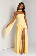 ATISSE MALIYAH ICON – Vestido maxi de gasa palabra de honor para mujer – Vestido de noche formal amarillo limón