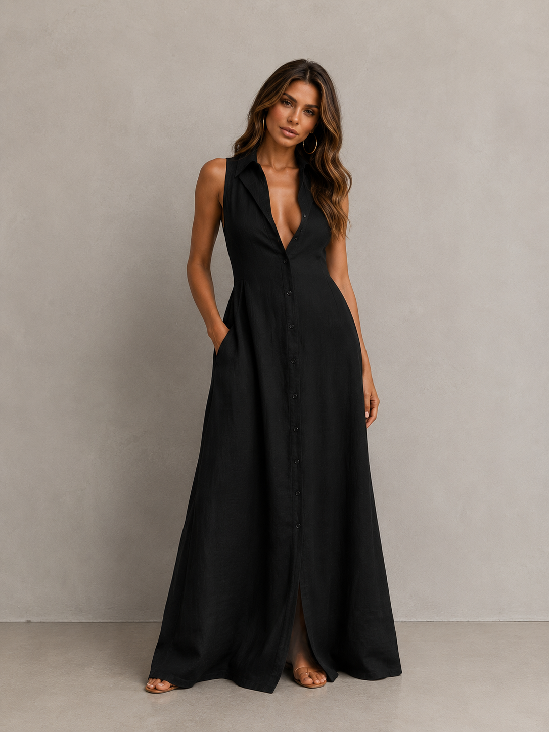 ATISSE LINEN ICON – Ärmelloses Maxi-Leinenhemdblusenkleid für Damen – Sommerkleid mit Knöpfen