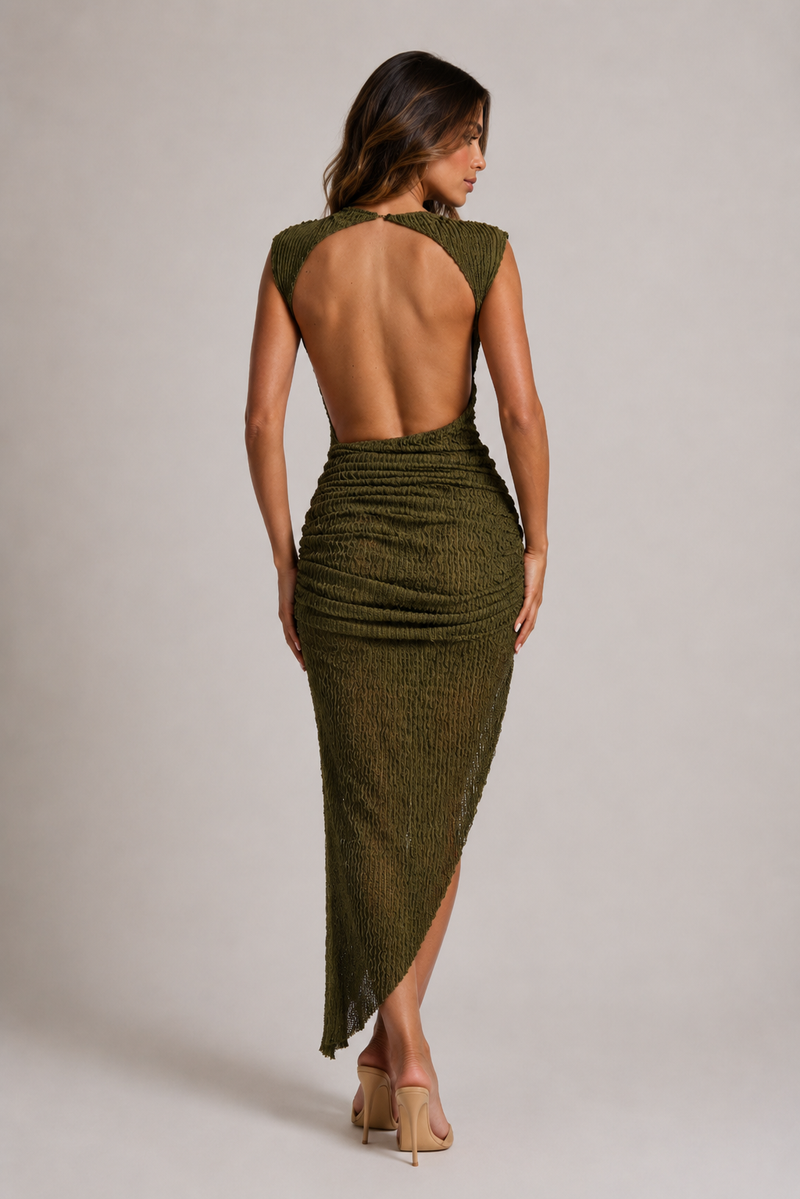 ATISSE APHRODITE ICON – Women's Backless Cut-Out Midi Dress – Olive Elegant Evening Dress