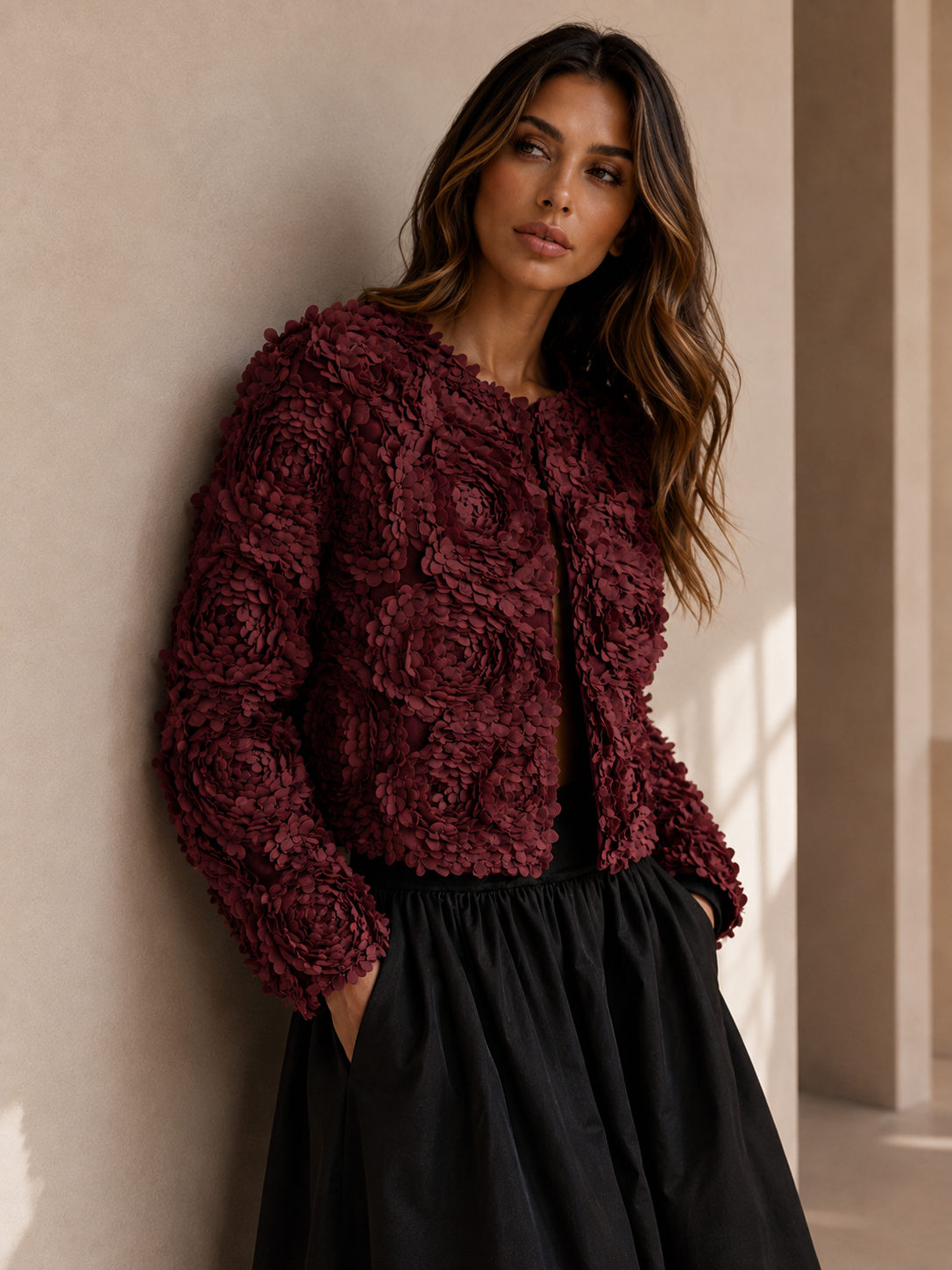 ATISSE – Women's 3D Floral Cropped Jacket – Textured Flower Statement Jacket
