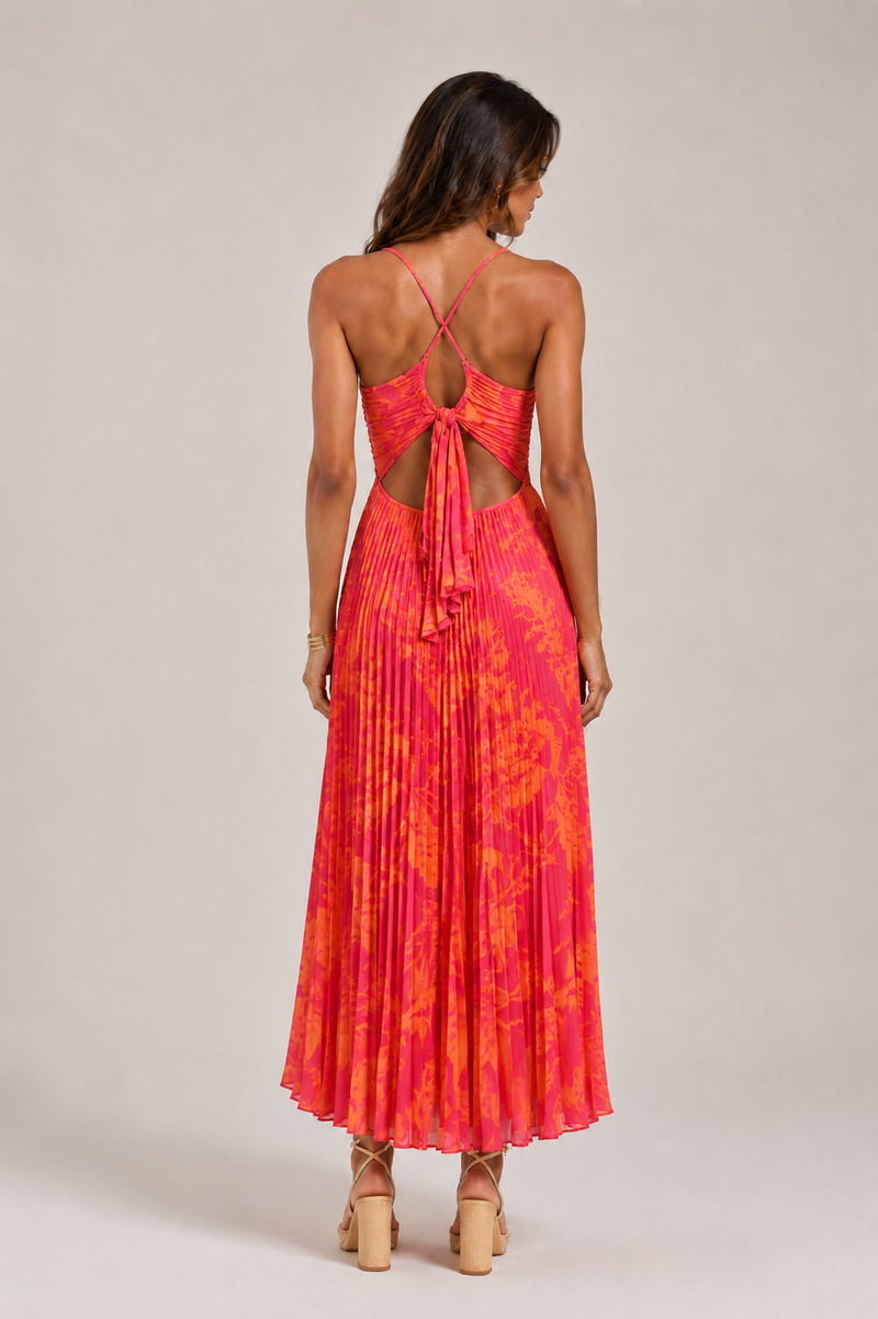 ATISSE BLYTHE – Vestido midi floral de mujer – Vestido de verano plisado con espalda abierta