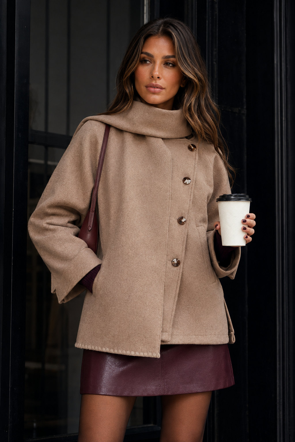 ATISSE – Women's Pleated Jacket – Matching Scarf Button Detail