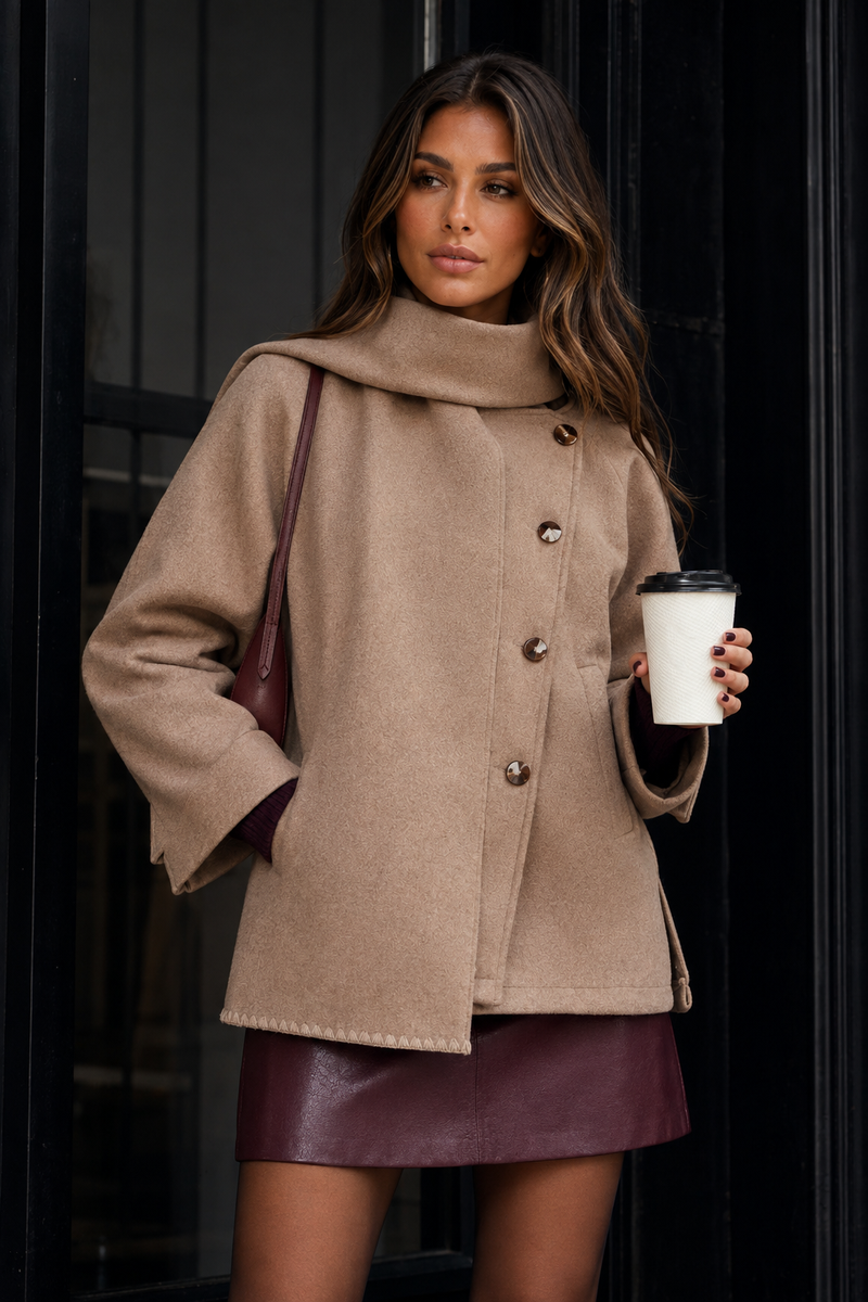 ATISSE – Women's Pleated Jacket – Matching Scarf Button Detail