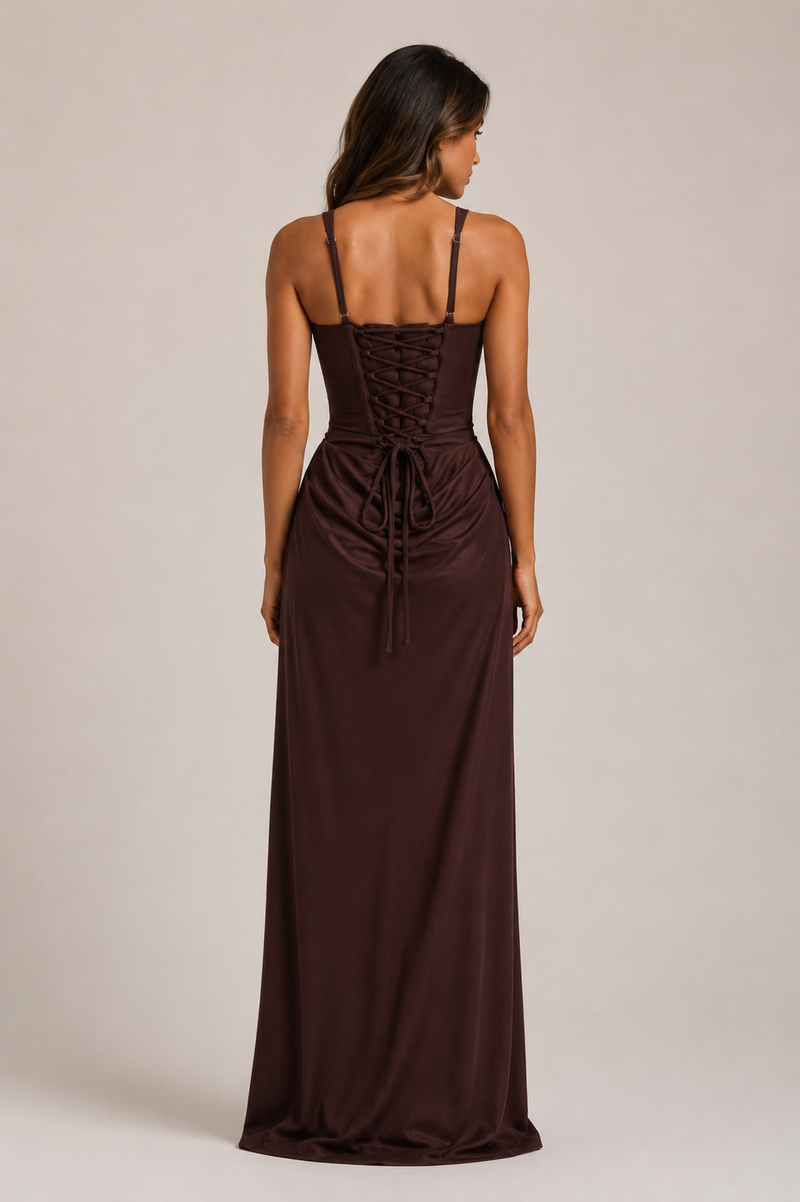 ATISSE CORNELIA – Women's Draped Corset Maxi Dress – Plum Brown Elegant Evening Dress
