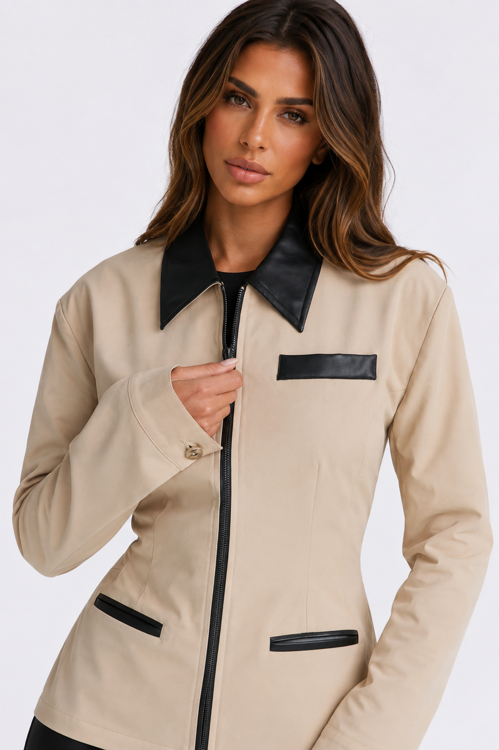 ATISSE – Women's Beige Cropped Jacket – Zip Front Tailored Long Sleeve Jacket