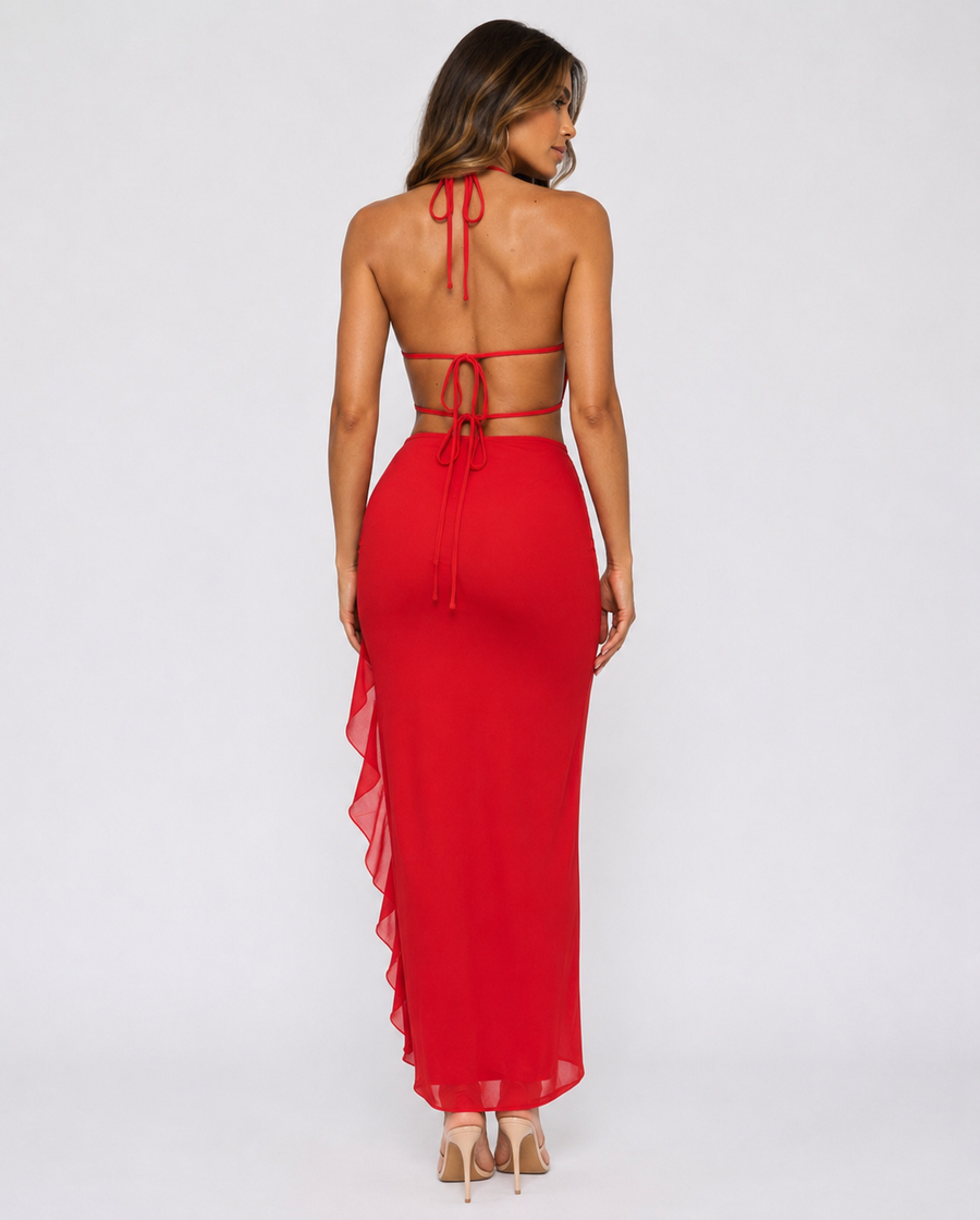 ATISSE CHERRY CRUSH ICON – Vestido maxi con espalda al aire para mujer – Vestido de noche con escote pronunciado