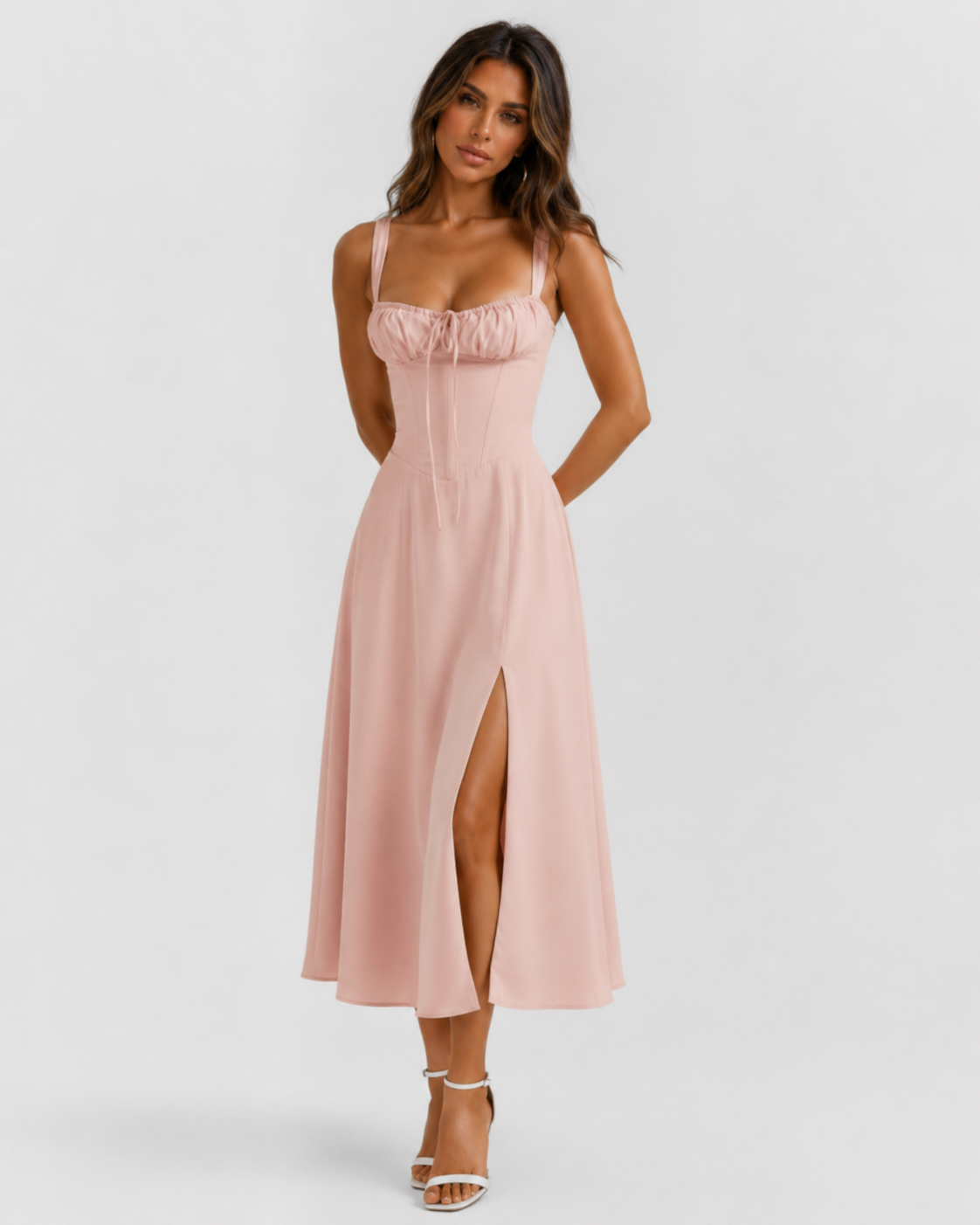 ATISSE AURORA – Vestido midi corsé con busto fruncido y abertura lateral para mujer – Rosa empolvado