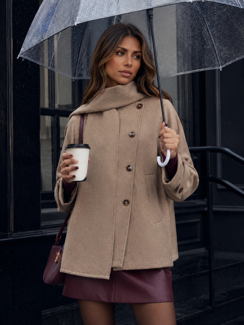 ATISSE – Women's Pleated Jacket – Matching Scarf Button Detail