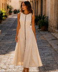 ATISSE SIREN GAZE – Ärmelloses Maxikleid für Damen – Beigefarbenes Sommerkleid mit Kontrastbesatz